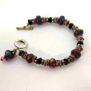 Artisan Art Glass Green and Pink with Silvertone Beads 8"